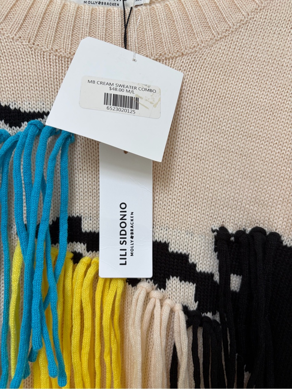 Fringe-Trim Crewneck Sweater in Beige and Black by Lili Sidonio - Picture 4 of 6